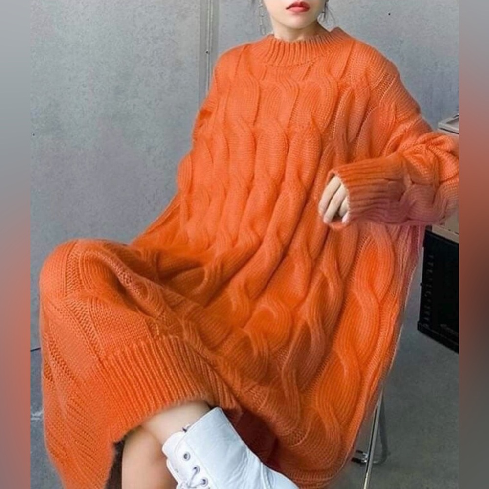 Cozy Orange Cable Knit Sweater Dress